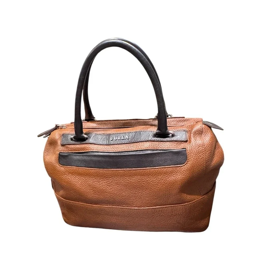Furla Pebbled Leather Satchel Cognac Brown Black Colorblock Bowling Tote Bag Y2K